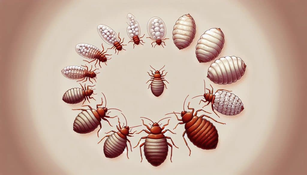 Illustration of bed bug lifecycle stages.